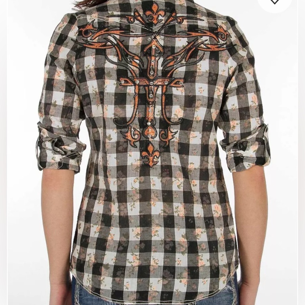 Roar Western Shirt Women's Medium Black Buffalo Check Embroidery Snap Y2K